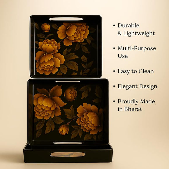 Comfy Homes Durable Multi-Use Premium Printed Rectangular Melamine Serve Ware Set with 3 Trays (Small, Medium & Large) (Yellow Lotus)