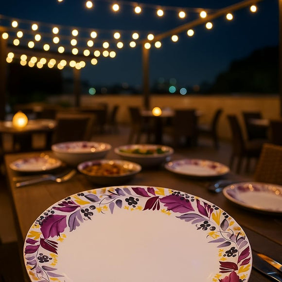 Comfy Homes 41 Pcs Melamine Dinner Set | Round Design with Dinner Plates, Small Plates, Serving Tray, Bowls with Lids, Spoons & Serving Spoons | Unbreakable & Lightweight Dinnerware (Colourful Garden)