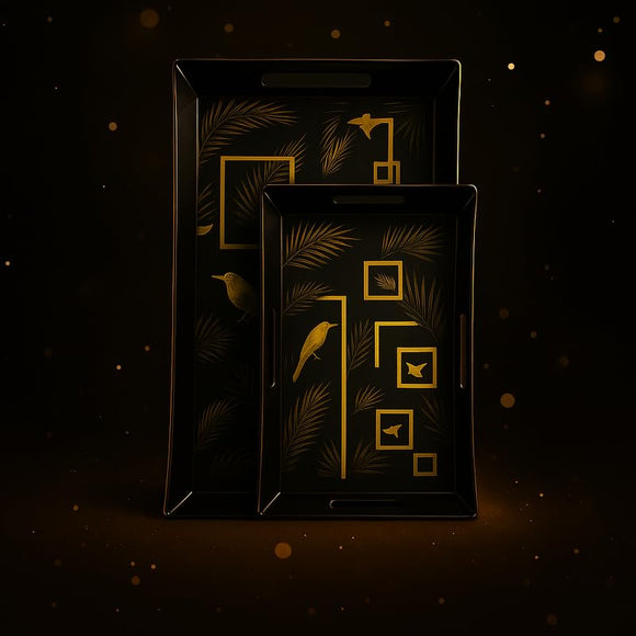 Comfy Homes Durable Multi-Use Premium Printed Rectangular Melamine Serve Ware Set with 3 Trays (Small, Medium & Large) (Sunline Elegance)