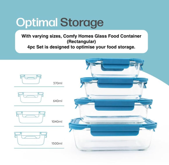 Comfy Homes Collapsible Glass Container Set | Lunch & Storage Box for School, Office | Easy to carry and Durable | 370ml, 640ml, 1040ml, 1500ml (Glass, 4)