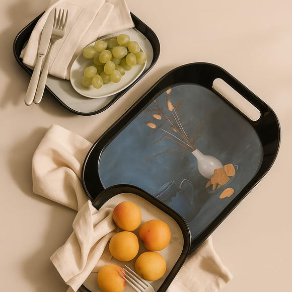 Comfy Homes Durable Multi-Use Premium Printed Rectangular Melamine Serve Ware Set with 3 Trays (Small, Medium & Large) (Quiet Blue)