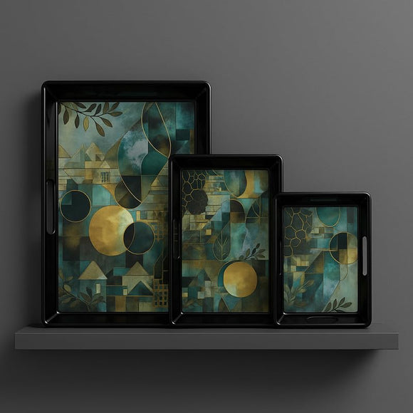 Comfy Homes Durable Multi-Use Premium Printed Rectangular Melamine Serve Ware Set with 3 Trays (Small, Medium & Large) (Mystery Breeze)