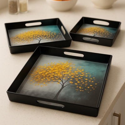 Comfy Homes Durable Multi-Use Premium Printed Rectangular Melamine Serve Ware Set with 3 Trays (Small, Medium & Large) (Autumn Breeze)