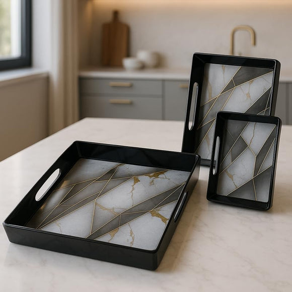 Comfy Homes Durable Multi-Use Premium Printed Rectangular Melamine Serve Ware Set with 3 Trays (Small, Medium & Large) (White Pyramids)