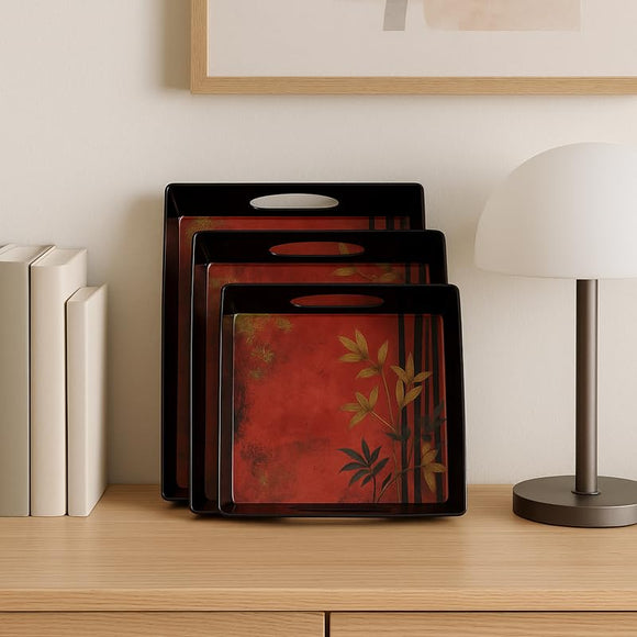 Comfy Homes Durable Multi-Use Premium Printed Rectangular Melamine Serve Ware Set with 3 Trays (Small, Medium & Large) (Mystery Red)