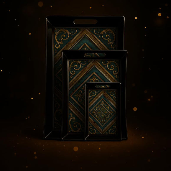 Comfy Homes Durable Multi-Use Premium Printed Rectangular Melamine Serve Ware Set with 3 Trays (Small, Medium & Large) (Royal Monarch)