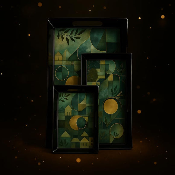 Comfy Homes Durable Multi-Use Premium Printed Rectangular Melamine Serve Ware Set with 3 Trays (Small, Medium & Large) (Mystery Breeze)