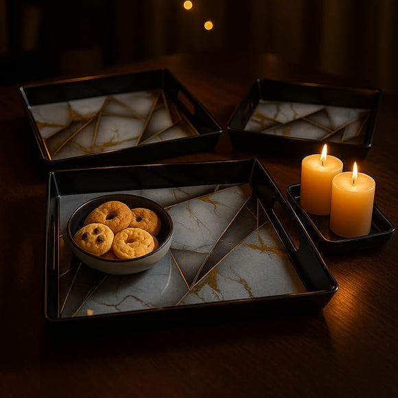 Comfy Homes Durable Multi-Use Premium Printed Rectangular Melamine Serve Ware Set with 3 Trays (Small, Medium & Large) (White Pyramids)