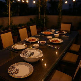 Comfy Homes 40 Pcs Melamine Dinner Set | Round Design with Dinner Plates, Small Plates, Serving Tray, Bowls with Lid, Spoons & Serving Spoons | Unbreakable & Lightweight Dinnerware (Majestic Highness) - 0