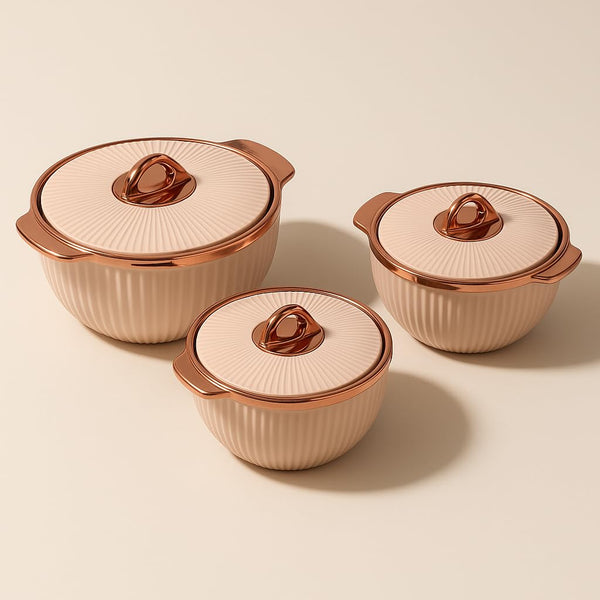 Comfy Homes Set of 3 Casseroles, 1000 2000 3000 ML | Inner Stainless Steel & Outer Plastic Material | BPA Free, Food Grade Hot Pot | Easy to Carry Insulated Roti, Chapati & Kitchen Storage Set(Peach)