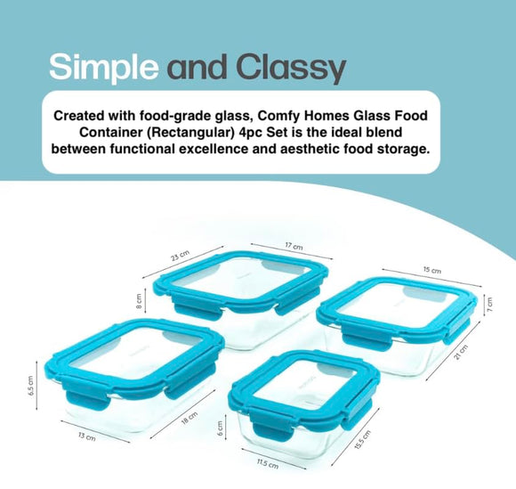 Comfy Homes Collapsible Glass Container Set | Lunch & Storage Box for School, Office | Easy to carry and Durable | 370ml, 640ml, 1040ml, 1500ml (Glass, 4)