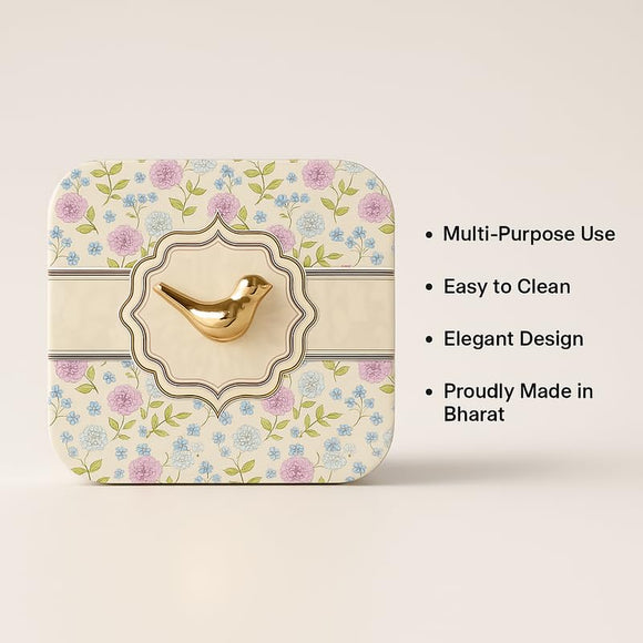 Comfy Homes Multipurpose Container | 4-Section Dry Fruit & Snack Storage Box | Elegant Design Square Shape Dry Food Organizer | Serving Platter & Gift Box for Home & Festive Use (Regenta Flora)