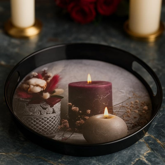 Comfy Homes Round Melamine Tray | Durable, Stackable Serving Tray | Premium Printed Serveware for Kitchen, Dining Table, Coffee Table, Office Desk, Parties, Snacks, Breakfast & More (Candle)