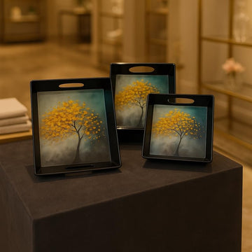 Comfy Homes Durable Multi-Use Premium Printed Rectangular Melamine Serve Ware Set with 3 Trays (Small, Medium & Large) (Autumn Breeze) - 0