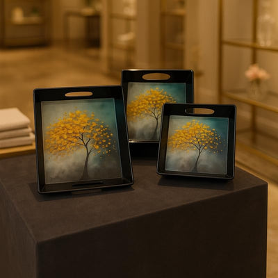 Comfy Homes Durable Multi-Use Premium Printed Rectangular Melamine Serve Ware Set with 3 Trays (Small, Medium & Large) (Autumn Breeze) - 0