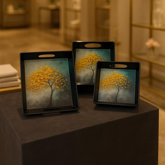 Comfy Homes Durable Multi-Use Premium Printed Rectangular Melamine Serve Ware Set with 3 Trays (Small, Medium & Large) (Autumn Breeze)