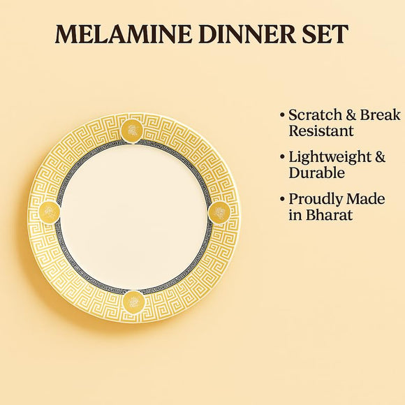 Comfy Homes Round Melamine 41 Pcs Dinner Set | 6 Dinner Plates, 6 Small Plates, 1 Serving Tray, 3 Big Serving Bowls with Lid, 12 Small Bowls, 6 Spoons, 4 Serving Spoons (Rajwada Royale)