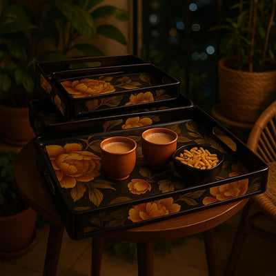 Comfy Homes™ Premium Multi-Purpose Melamine Tray Set (Set of 1) (Large) (Yellow Lotus)