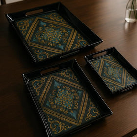 Comfy Homes Durable Multi-Use Premium Printed Rectangular Melamine Serve Ware Set with 3 Trays (Small, Medium & Large) (Royal Monarch) - 0