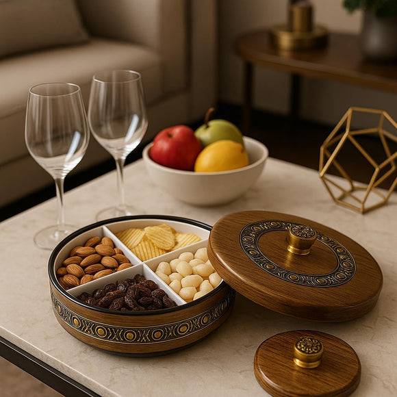 Comfy Homes Revolving Dry Fruit & Snack Storage Box | 4-Section Multi-Purpose Container | Dry Food Organizer, Serving Platter & Gift Box for Home & Festive Use (Luxe)