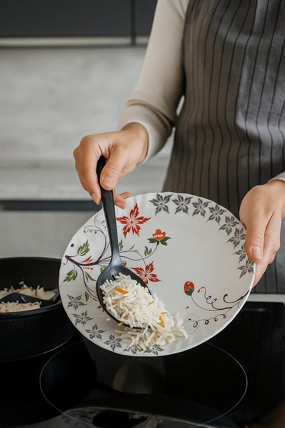 Comfy Homes Round Melamine 41 Pcs Dinner Set | 6 Dinner Plates, 6 Small Plates, 1 Serving Tray, 3 Big Serving Bowls with Lid, 12 Small Bowls, 6 Spoons, 4 Serving Spoons (Orange Blossom)