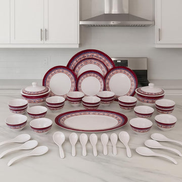 Comfy Homes 41 Pcs Melamine Dinner Set | Round Design with Dinner Plates, Small Plates, Serving Tray, Bowls with Lids, Spoons & Serving Spoons | Unbreakable & Lightweight Dinnerware (Royale Sapphire)