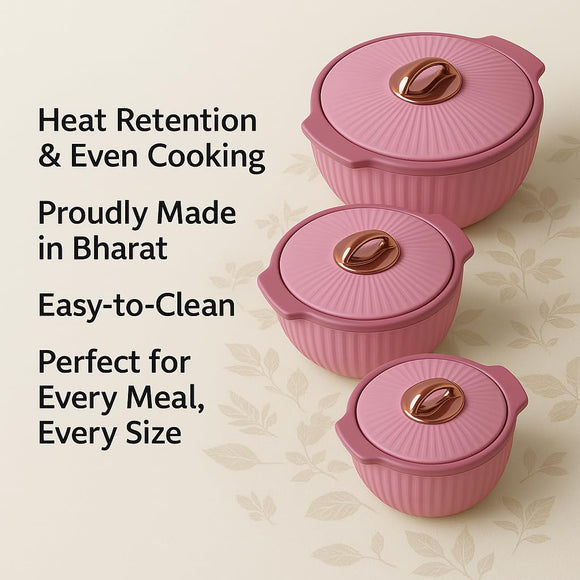 Comfy Homes Set of 3 Casseroles, 1000 2000 3000 ML | Inner Stainless Steel & Outer Plastic Material | BPA Free, Food Grade Hot Pot | Easy to Carry Insulated Roti, Chapati & Kitchen Storage Set (Pink)
