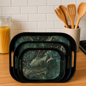 Comfy Homes Durable Multi-Use Premium Printed Rectangular Melamine Serve Ware Set with 3 Trays (Small, Medium & Large) (Sea Breeze)