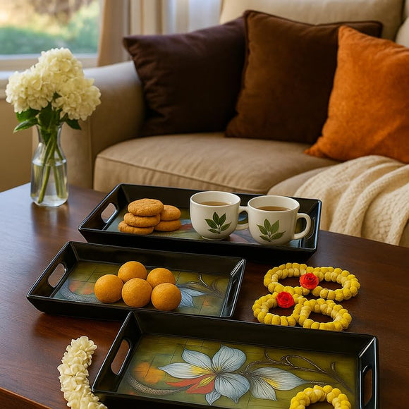 Comfy Homes Durable Multi-Use Premium Printed Rectangular Melamine Serve Ware Set with 3 Trays (Small, Medium & Large) (Royal Bloom)