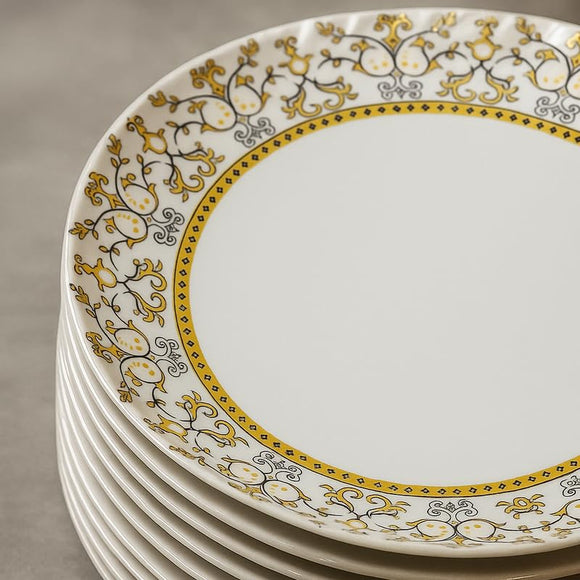 Comfy Homes Round Melamine 41 Pcs Dinner Set | 6 Dinner Plates, 6 Small Plates, 1 Serving Tray, 3 Big Serving Bowls with Lid, 12 Small Bowls, 6 Spoons, 4 Serving Spoons (Amara Luxe)