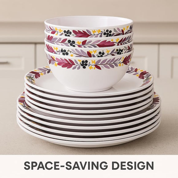 Comfy Homes 41 Pcs Melamine Dinner Set | Round Design with Dinner Plates, Small Plates, Serving Tray, Bowls with Lids, Spoons & Serving Spoons | Unbreakable & Lightweight Dinnerware (Colourful Garden)