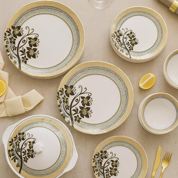 Comfy Homes 40 Pcs Melamine Dinner Set | Round Design with Dinner Plates, Small Plates, Serving Tray, Bowls with Lid, Spoons & Serving Spoons | Unbreakable & Lightweight Dinnerware (Majestic Highness)