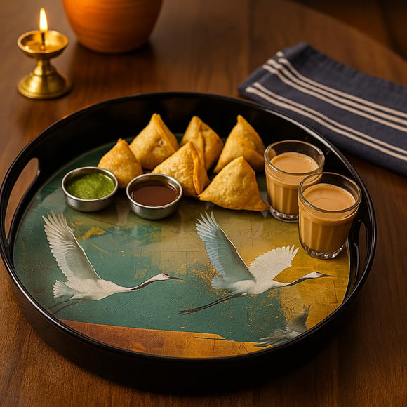 Comfy Homes Round Melamine Tray | Durable, Stackable Serving Tray | Premium Printed Serveware for Kitchen, Dining Table, Coffee Table, Office Desk, Parties, Snacks, Breakfast & More (Bird)