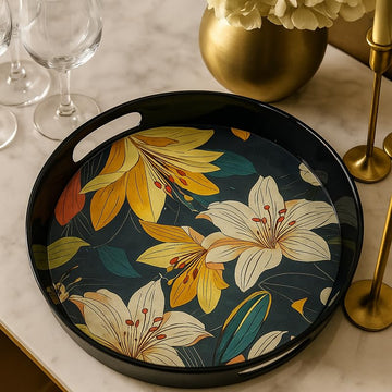 Comfy Homes Round Melamine Tray | Durable, Stackable Serving Tray | Premium Printed Serveware for Kitchen, Dining Table, Coffee Table, Office Desk, Parties, Snacks, Breakfast & More (Flower)