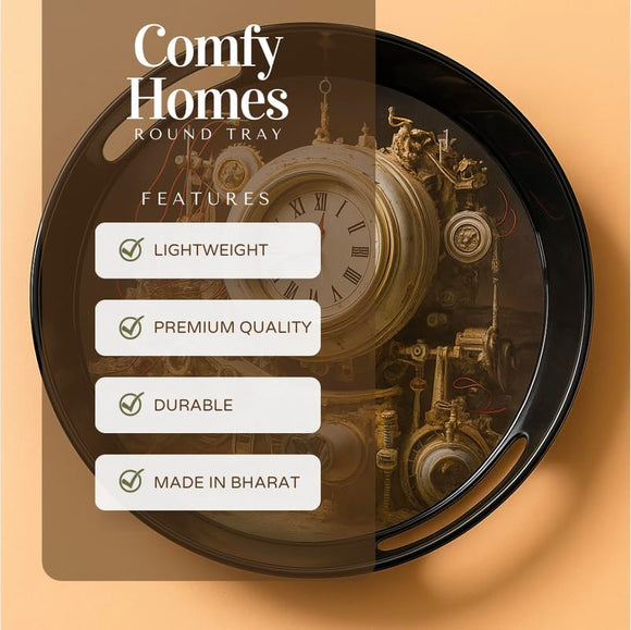 Comfy Homes Round Melamine Tray | Durable, Stackable Serving Tray | Premium Printed Serveware for Kitchen, Dining Table, Coffee Table, Office Desk, Parties, Snacks, Breakfast & More (Clock)