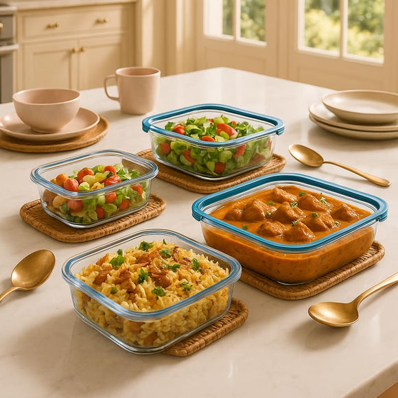 Comfy Homes Collapsible Glass Container Set | Lunch & Storage Box for School, Office | Easy to carry and Durable | 370ml, 640ml, 1040ml, 1500ml (Glass, 4)