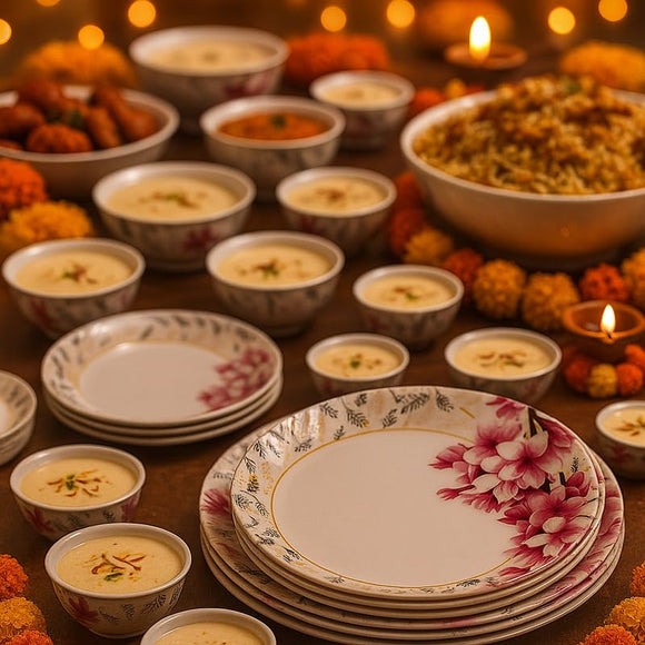 Comfy Homes 41 Pcs Melamine Dinner Set | Round Design with Dinner Plates, Small Plates, Serving Tray, Bowls with Lids, Spoons & Serving Spoons | Unbreakable & Lightweight Dinnerware (Heritage Gold)