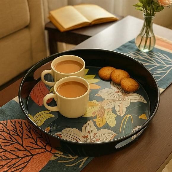 Comfy Homes Round Melamine Tray | Durable, Stackable Serving Tray | Premium Printed Serveware for Kitchen, Dining Table, Coffee Table, Office Desk, Parties, Snacks, Breakfast & More (Flower)