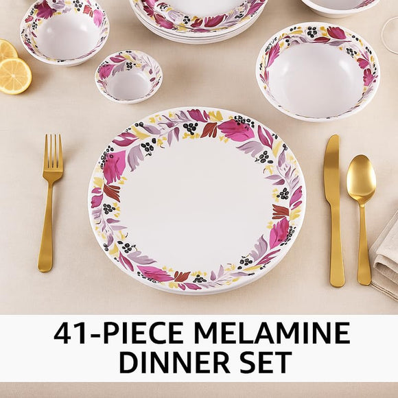 Comfy Homes 41 Pcs Melamine Dinner Set | Round Design with Dinner Plates, Small Plates, Serving Tray, Bowls with Lids, Spoons & Serving Spoons | Unbreakable & Lightweight Dinnerware (Colourful Garden)