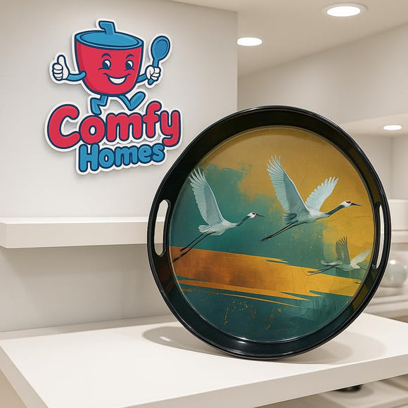 Comfy Homes Round Melamine Tray | Durable, Stackable Serving Tray | Premium Printed Serveware for Kitchen, Dining Table, Coffee Table, Office Desk, Parties, Snacks, Breakfast & More (Bird)