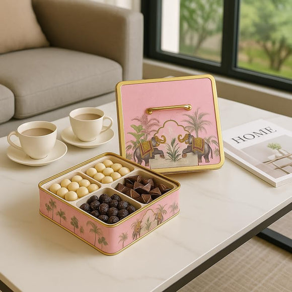 Comfy Homes Multipurpose Container | 4-Section Dry Fruit & Snack Storage Box | Elegant Design Square Shape Dry Food Organizer | Serving Platter & Gift Box for Home & Festive Use (Regal Flora)