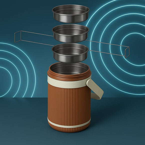 Comfy Homes Hot Pot Tiffin with 4 Stainless Steel Containers | Daily Meal Lunch Box for Office, College, School & Outdoors | Food Grade, Leak-Proof & Easy to Carry (Brown)