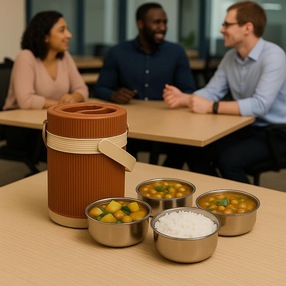 Comfy Homes Hot Pot Tiffin with 4 Stainless Steel Containers | Daily Meal Lunch Box for Office, College, School & Outdoors | Food Grade, Leak-Proof & Easy to Carry (Brown)