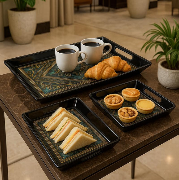 Comfy Homes Durable Multi-Use Premium Printed Rectangular Melamine Serve Ware Set with 3 Trays (Small, Medium & Large) (Royal Monarch)