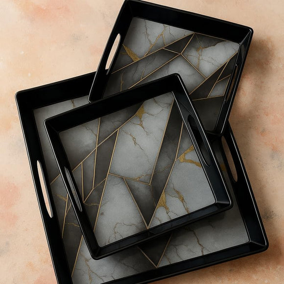 Comfy Homes Durable Multi-Use Premium Printed Rectangular Melamine Serve Ware Set with 3 Trays (Small, Medium & Large) (White Pyramids)