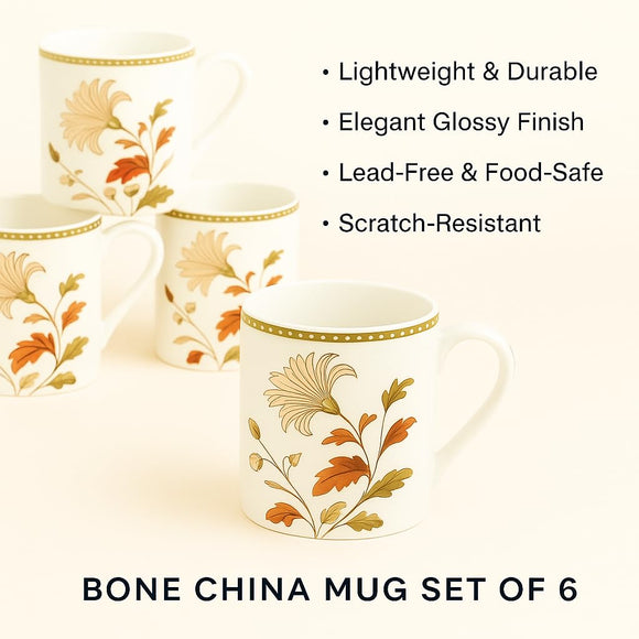 Comfy Homes Bone China Mugs, Set of 6 | Lightweight, Durable, Lead Free, Food Safe, Scratch Resistant with Premium Design | Tea/Chai Cups for Gifting, Home, Office Use & All Occasion (Serene)
