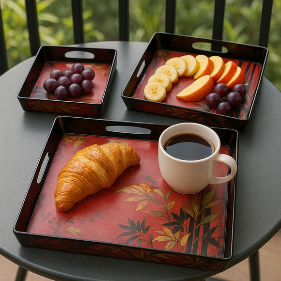 Comfy Homes Durable Multi-Use Premium Printed Rectangular Melamine Serve Ware Set with 3 Trays (Small, Medium & Large) (Mystery Red)