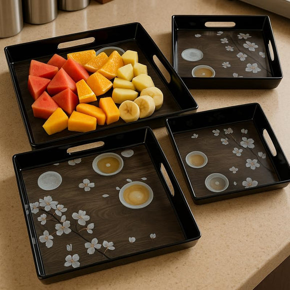 Comfy Homes Durable Multi-Use Premium Printed Rectangular Melamine Serve Ware Set with 3 Trays (Small, Medium & Large) (Coffee Tray)