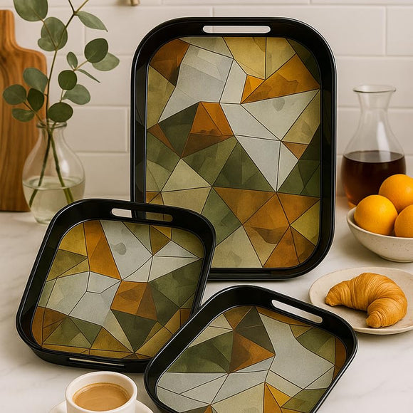 Comfy Homes Durable Multi-Use Premium Printed Rectangular Melamine Serve Ware Set with 3 Trays (Small, Medium & Large) (Geometric White)