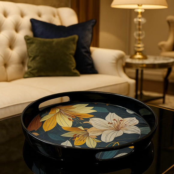 Comfy Homes Round Melamine Tray | Durable, Stackable Serving Tray | Premium Printed Serveware for Kitchen, Dining Table, Coffee Table, Office Desk, Parties, Snacks, Breakfast & More (Flower)